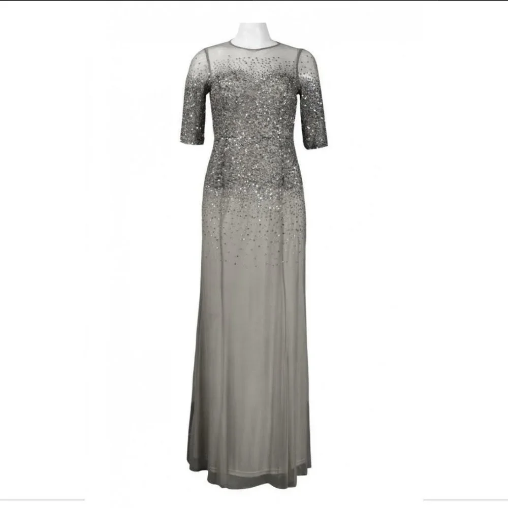 NEW Adrianna Papell Beaded Illusion Bodice Mesh Gown in Grey [Petite SZ 4P‎ ]